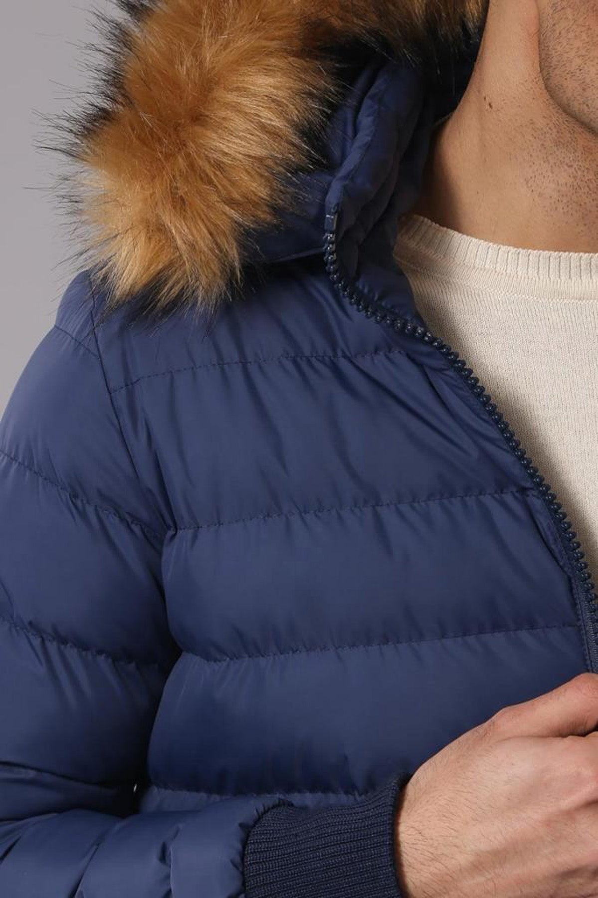 Navy Men's Puffer Coat with Fur