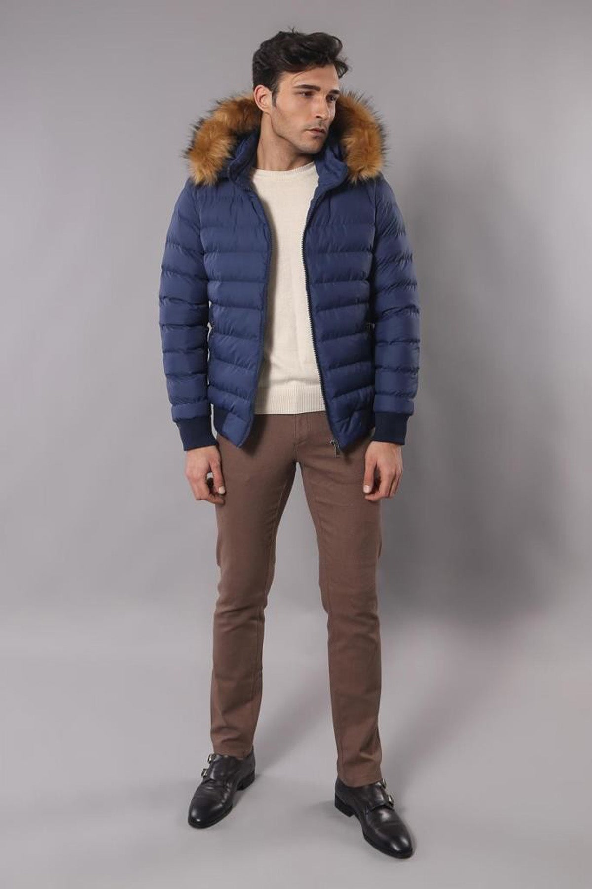 Navy Men's Puffer Coat with Fur