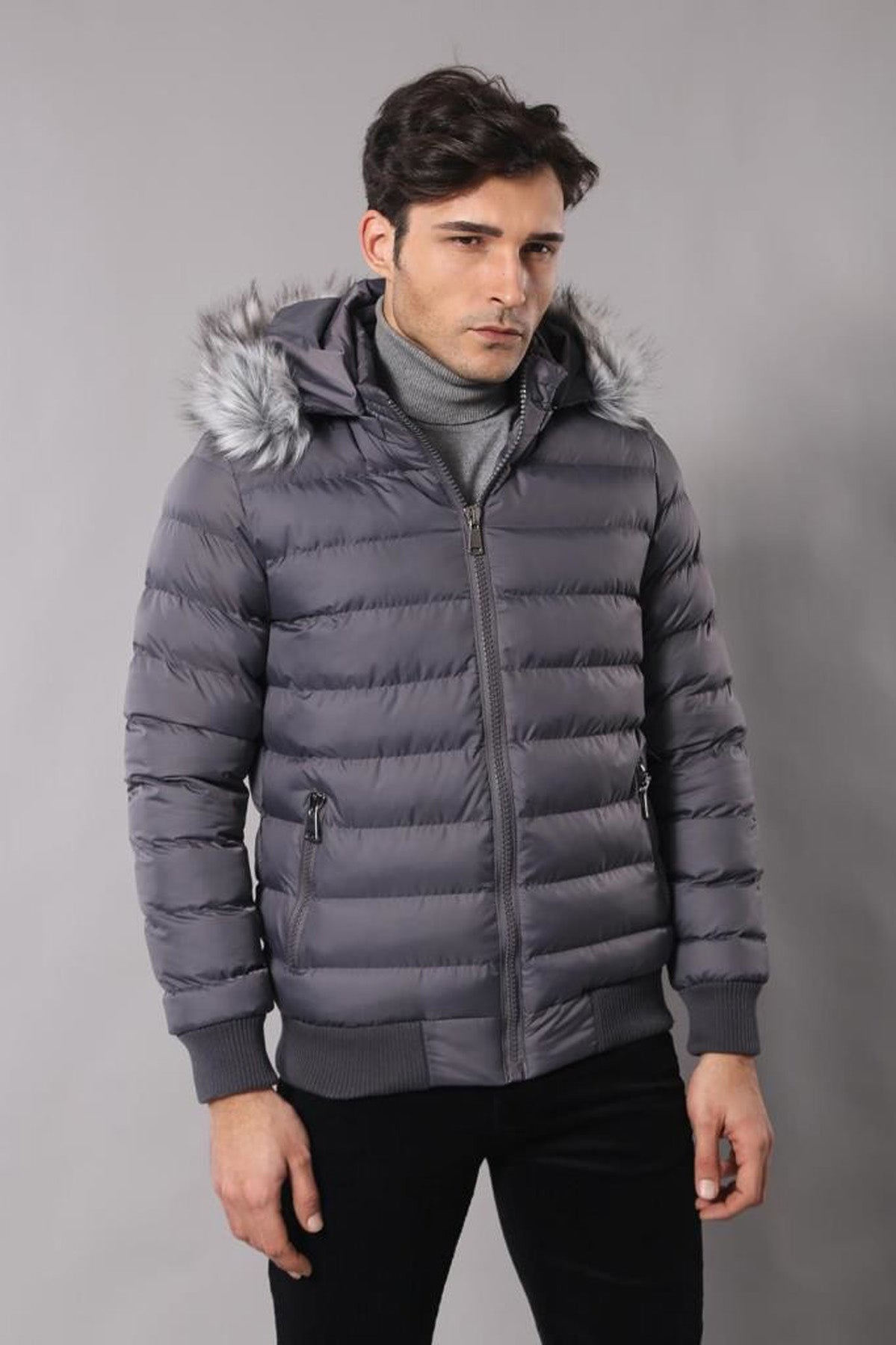 Grey Men's Puffer Coat with Fur