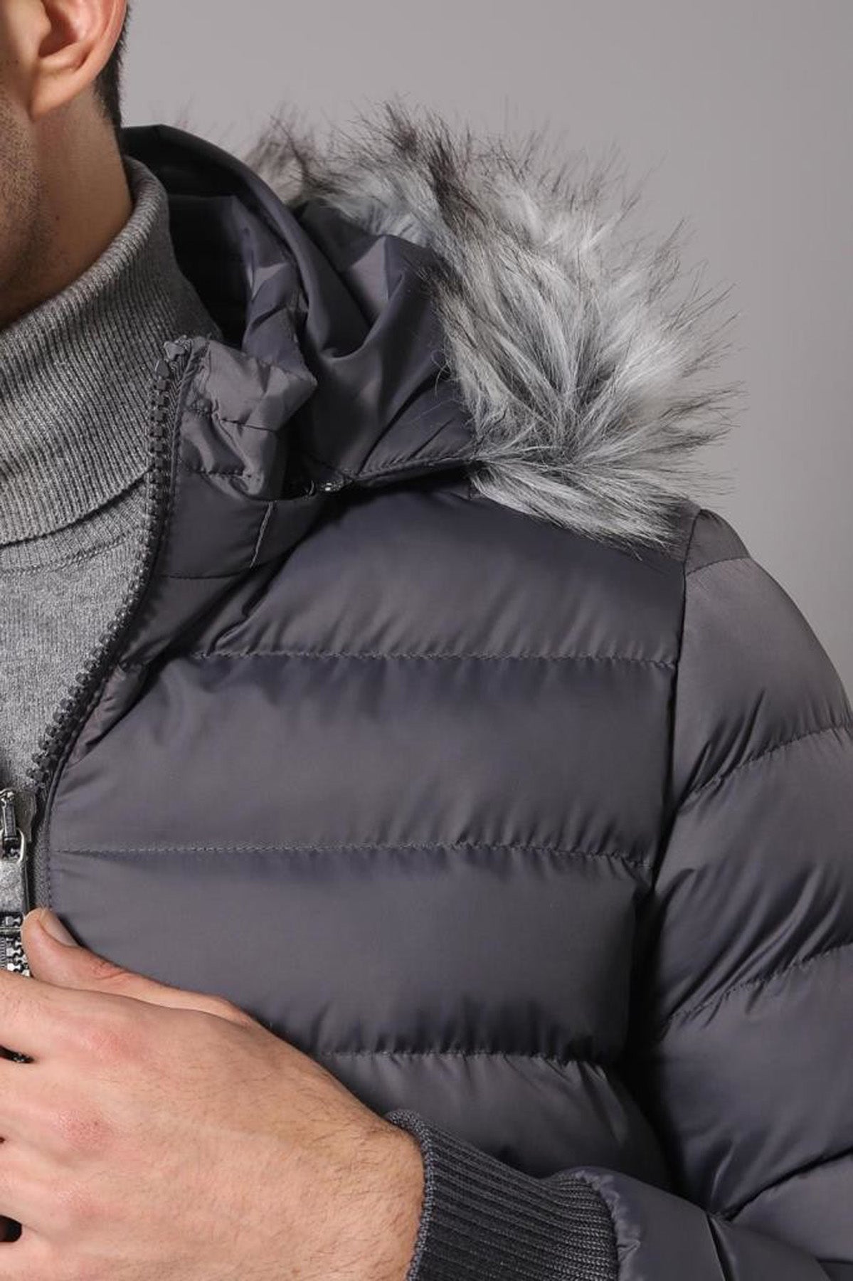 Grey Men's Puffer Coat with Fur