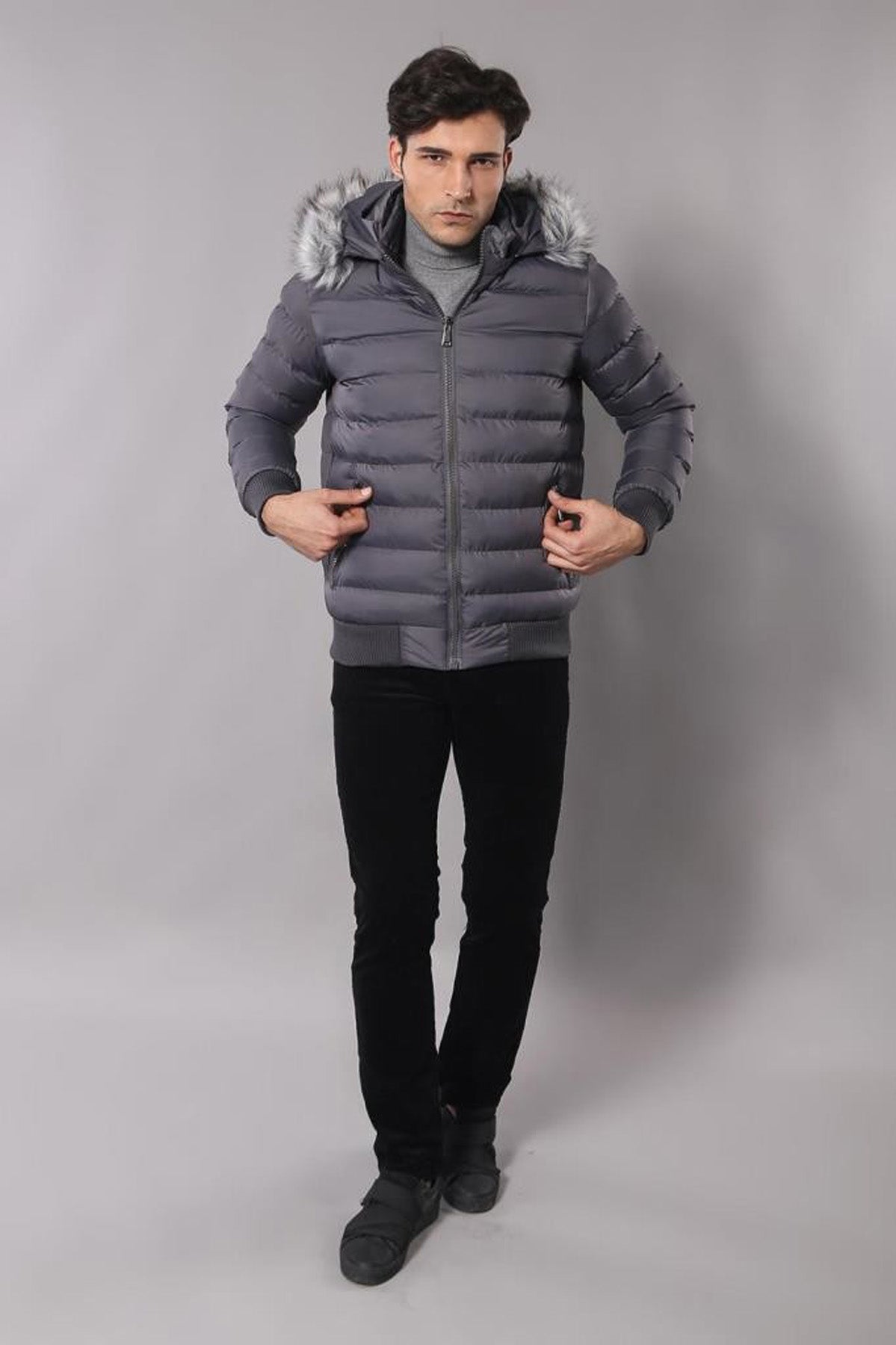 Grey Men's Puffer Coat with Fur