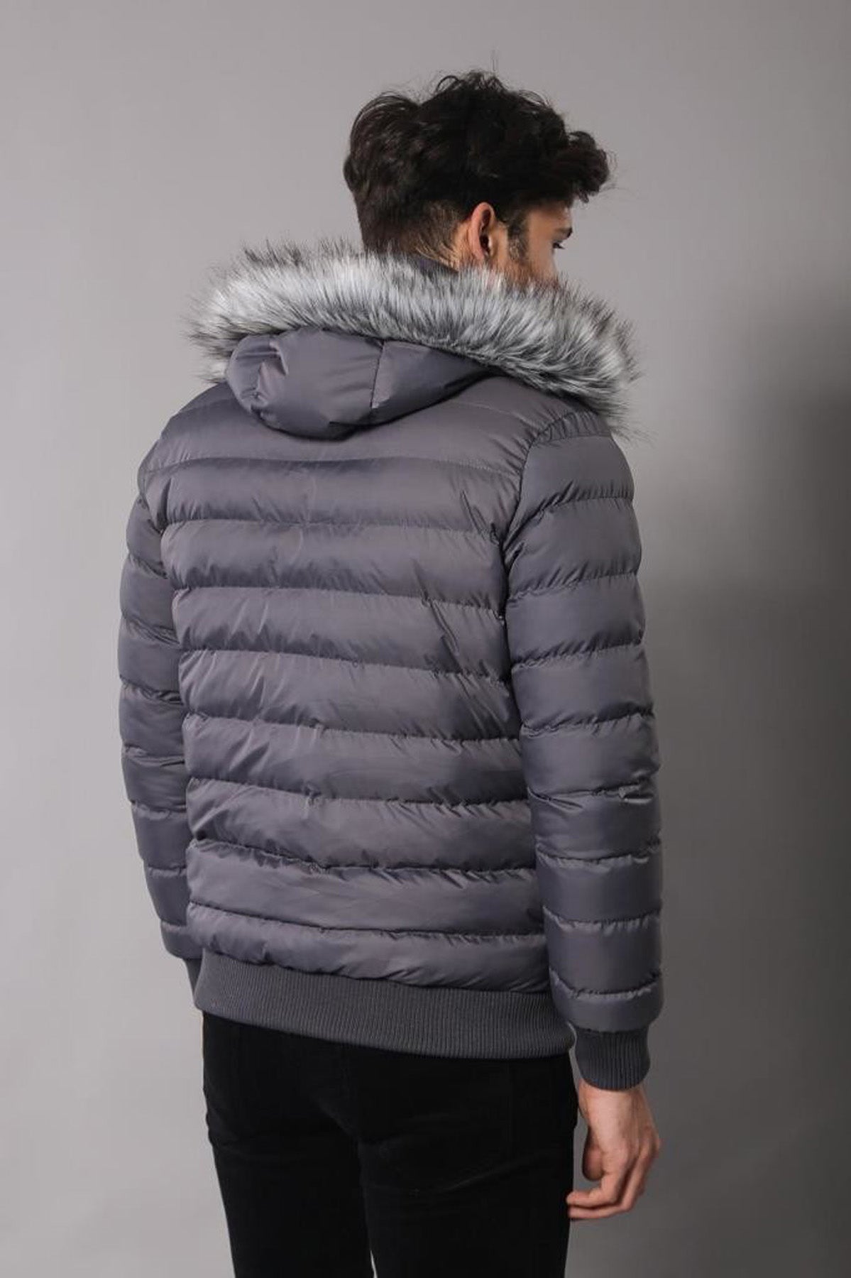 Grey Men's Puffer Coat with Fur