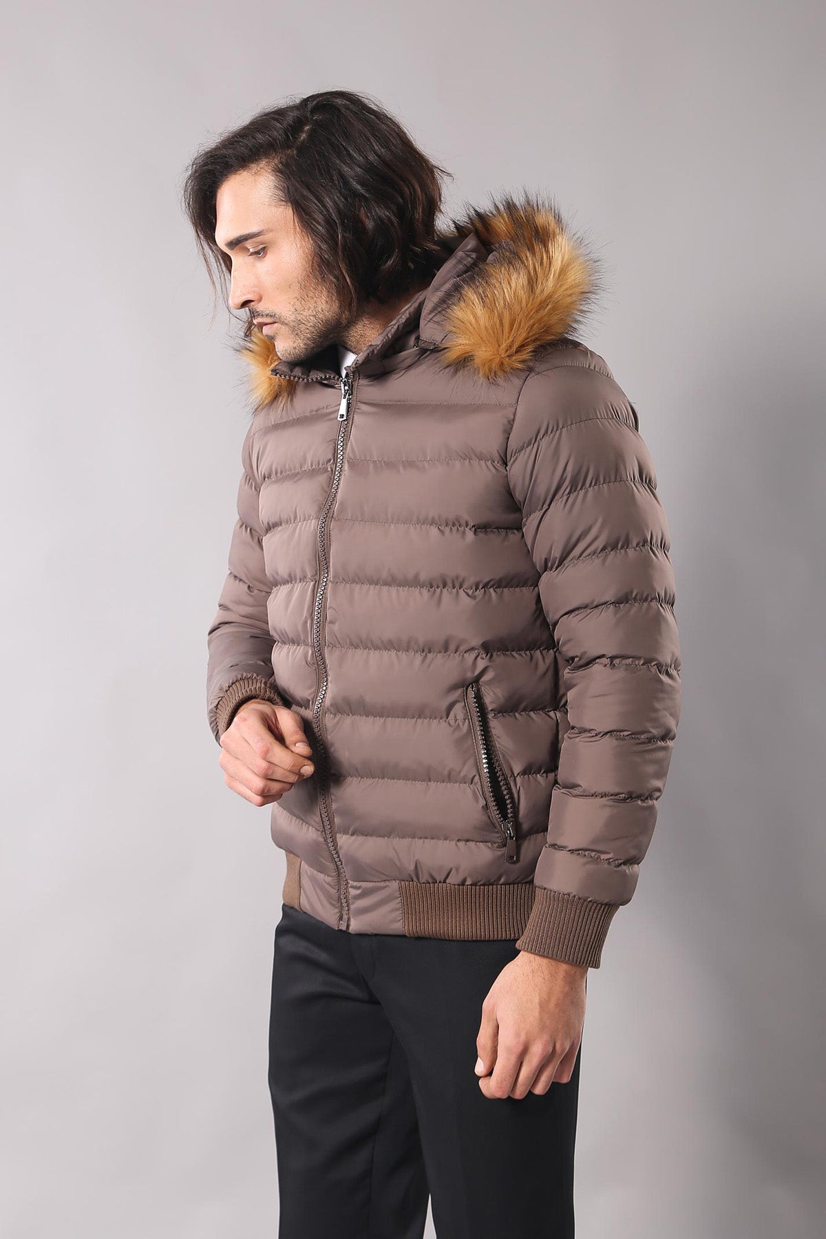 Men's Brown Down coat with Fur