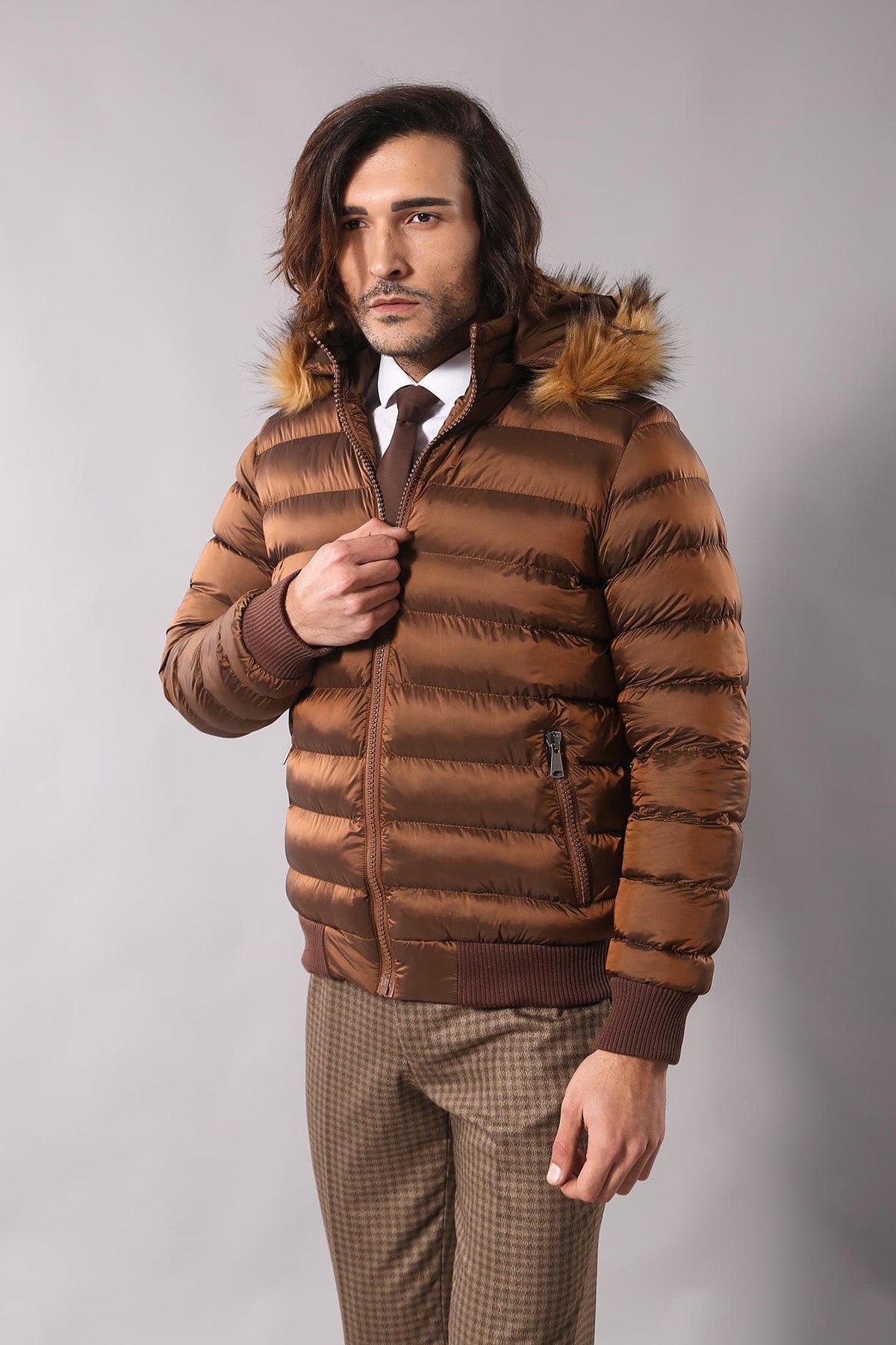 Fur Hooded Men's Puffer Coat in Tan
