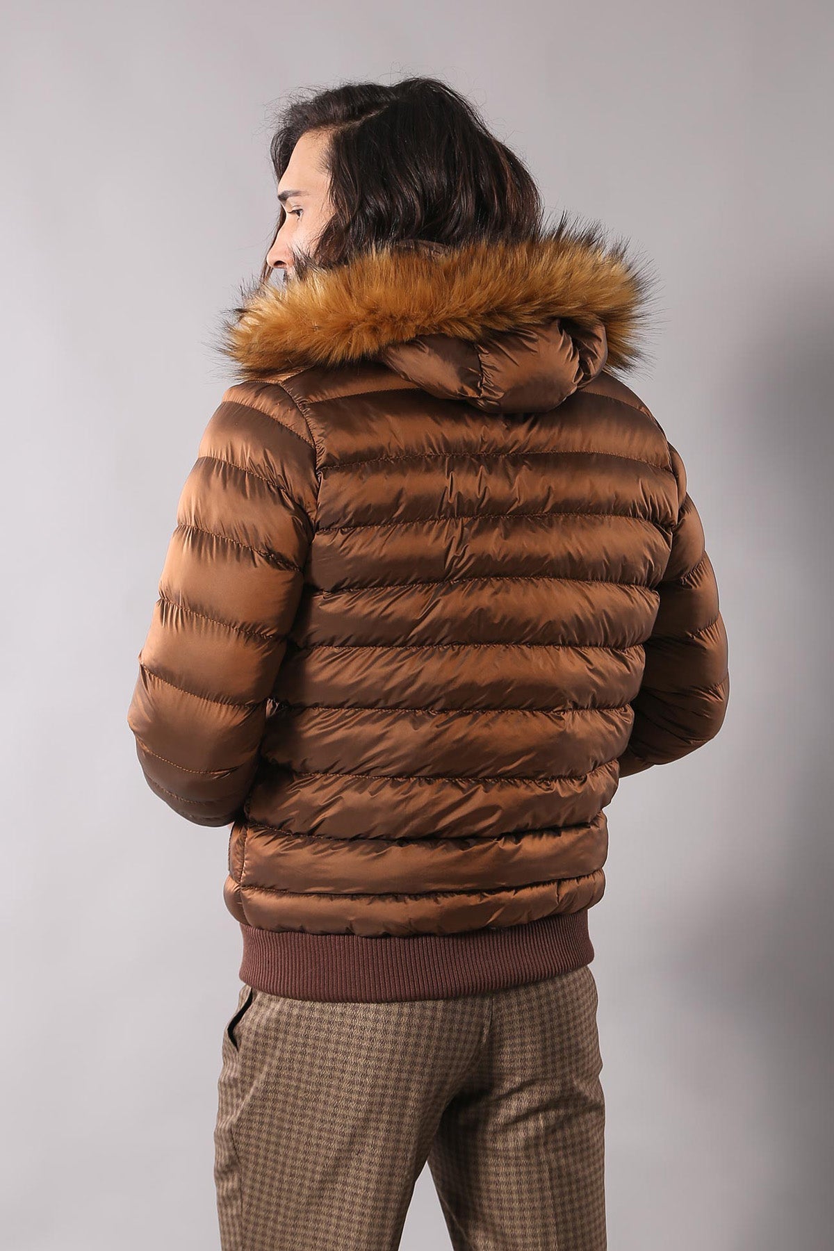 Fur Hooded Men's Puffer Coat in Tan