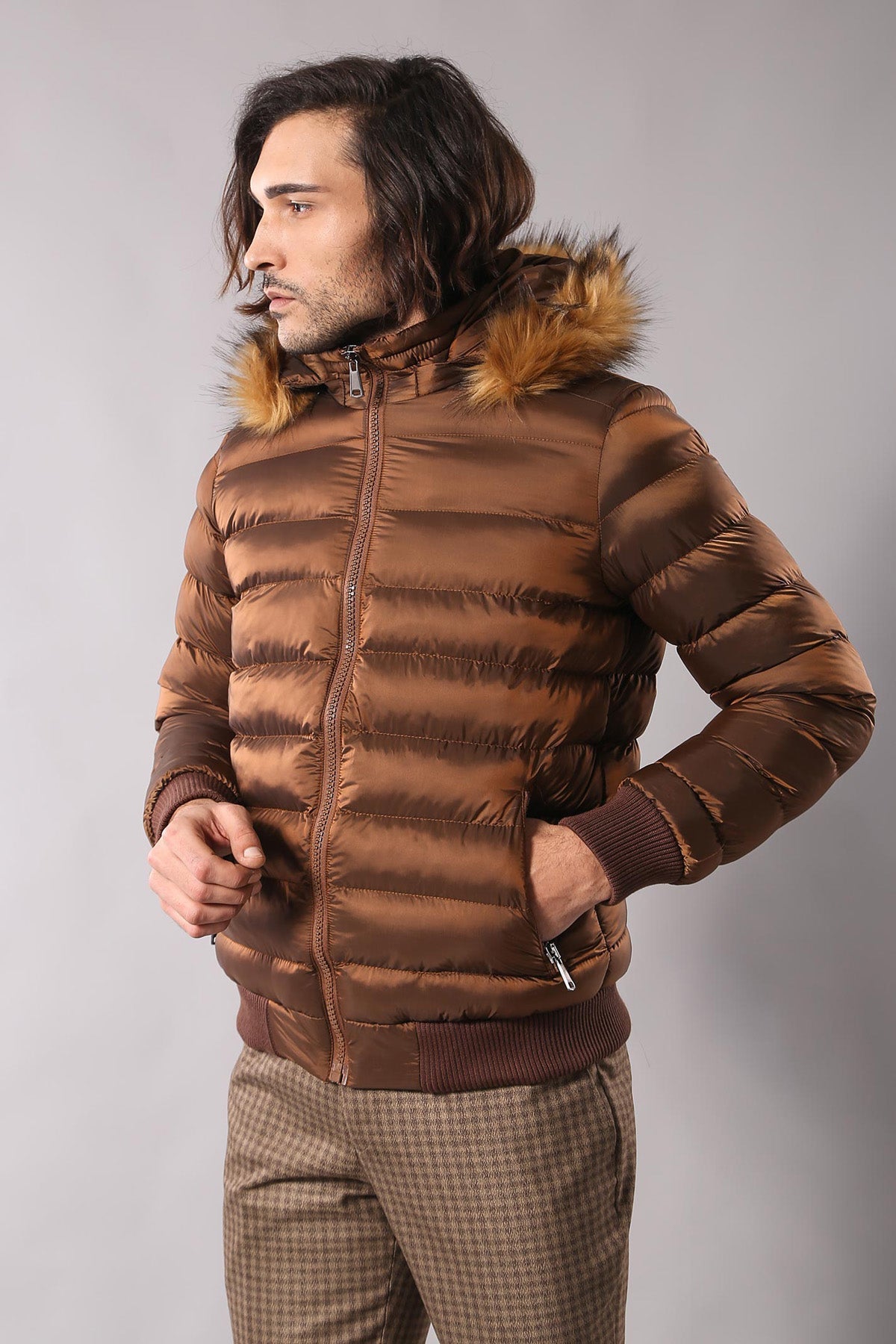 Fur Hooded Men's Puffer Coat in Tan