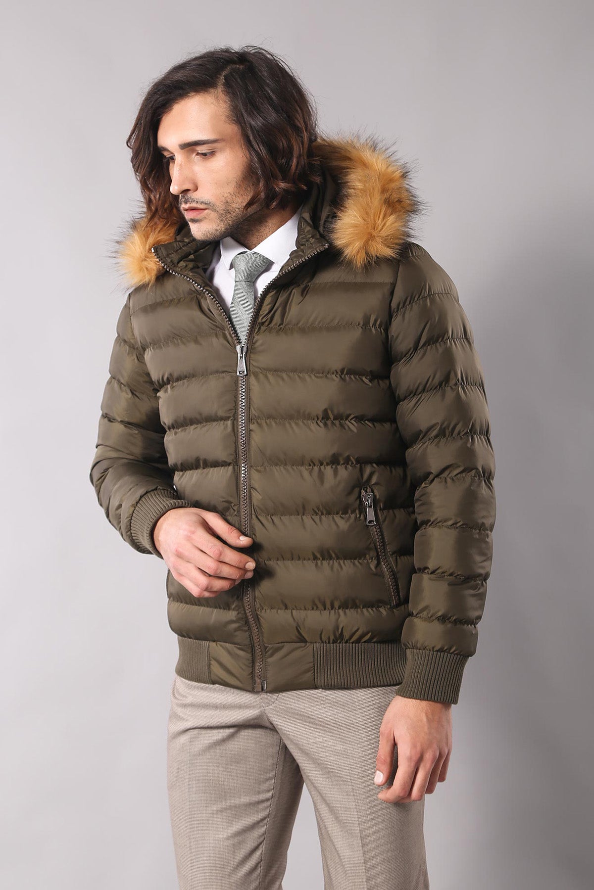 Khaki Fur Hooded Men's Puffer Coat