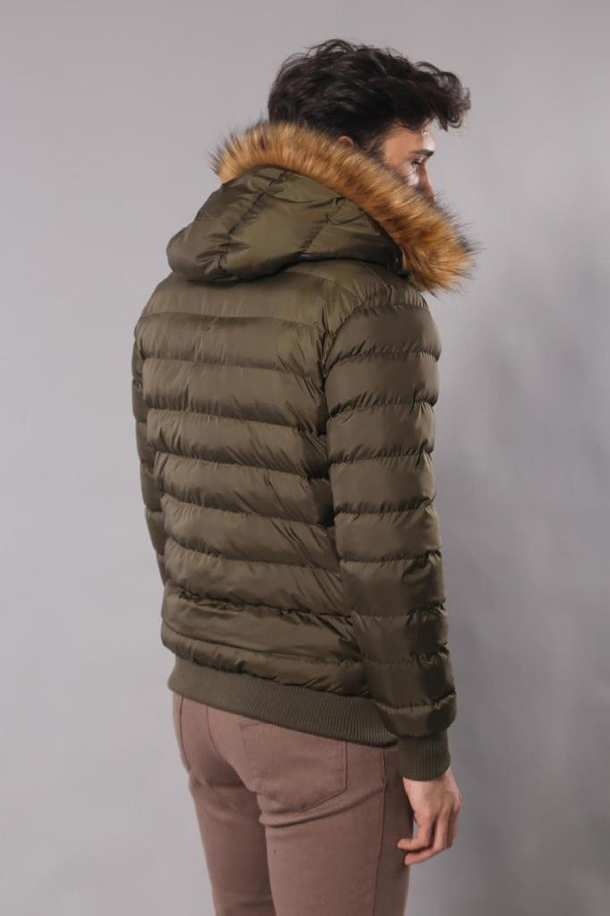 Khaki Fur Hooded Men's Puffer Coat
