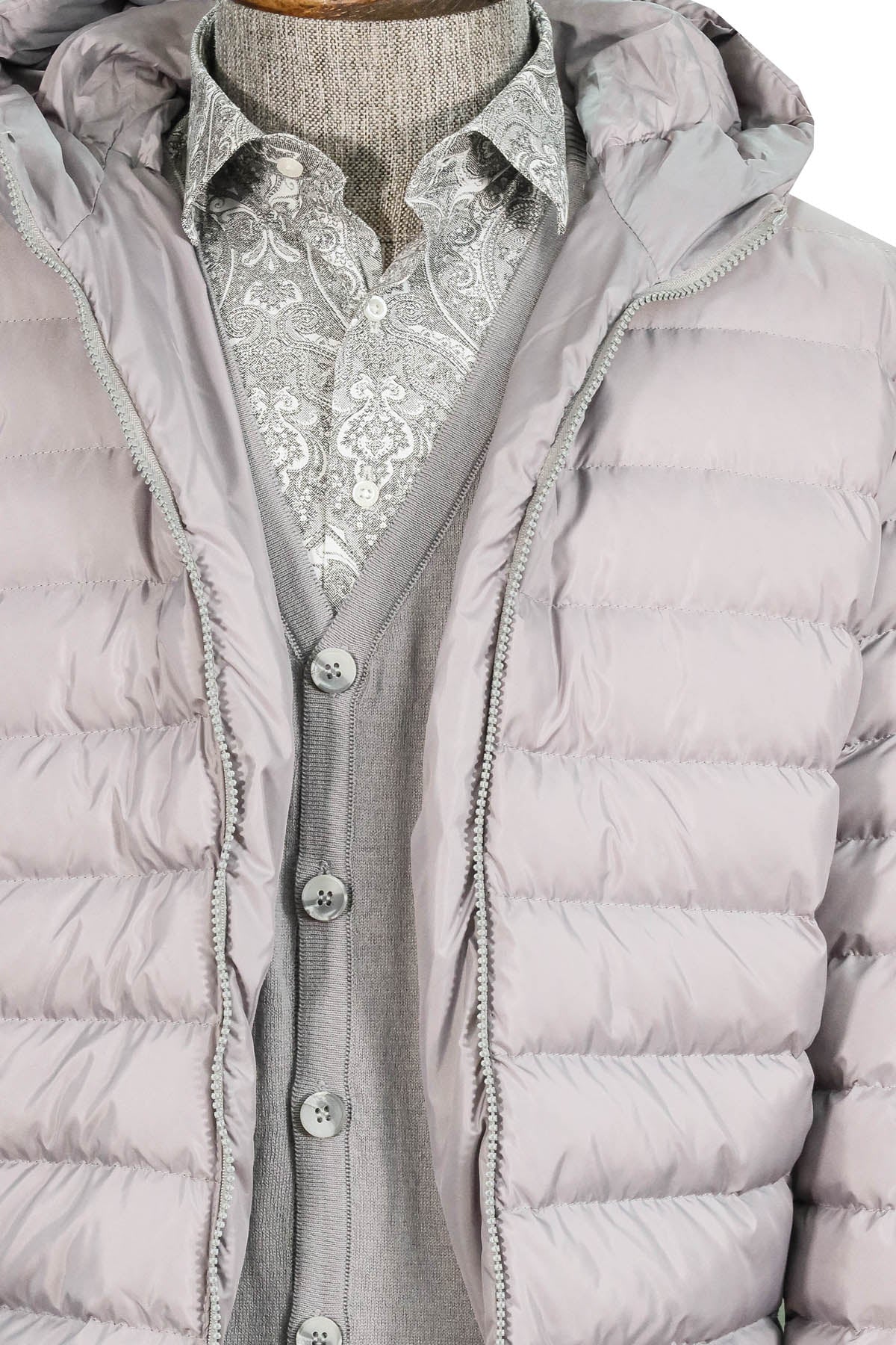 KOALA SYDNEY Gray Quilted Jacket, Patterned Shirt, Cardigan, and Gray Trousers Combination - Modern Winter Style