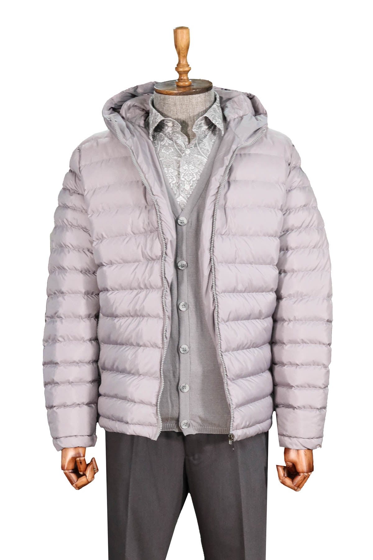 KOALA SYDNEY Gray Quilted Jacket, Patterned Shirt, Cardigan, and Gray Trousers Combination - Modern Winter Style