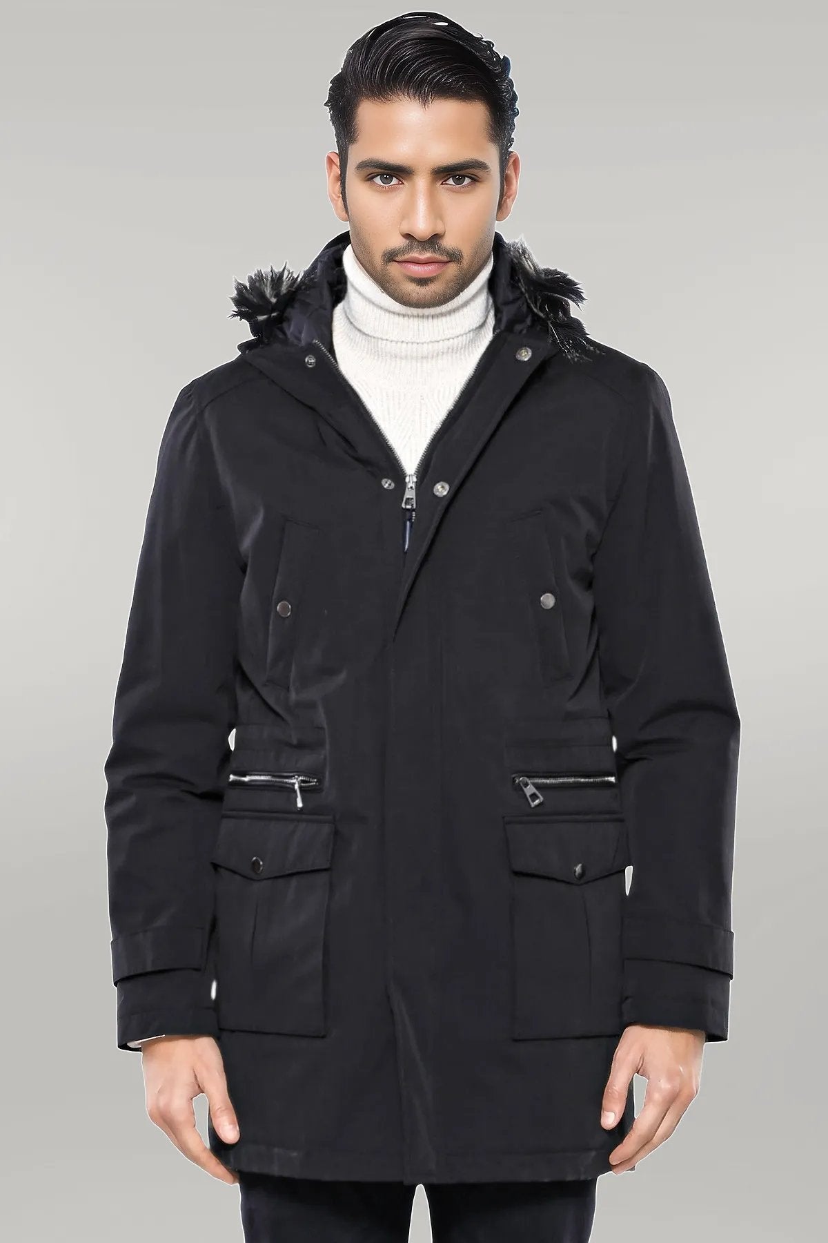 Fur Hooded Black Men Coat