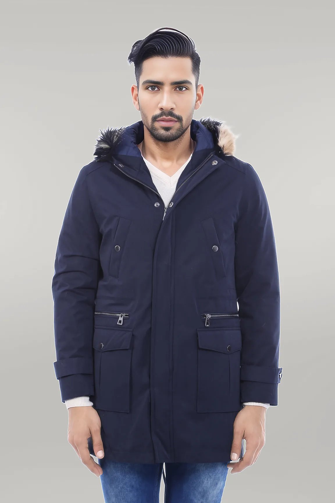 Fur Hooded Navy Blue Men Coat - Wessi