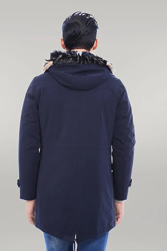 Fur Hooded Navy Blue Men Coat