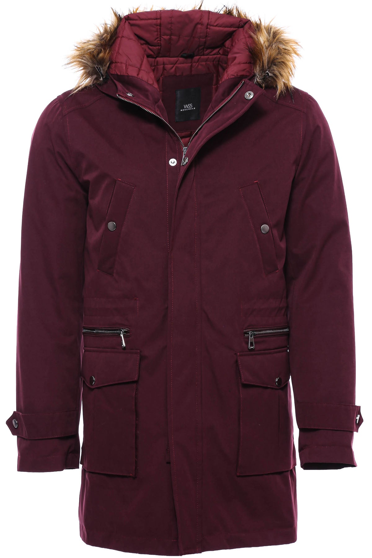 Fur Hooded Burgundy Men Coat