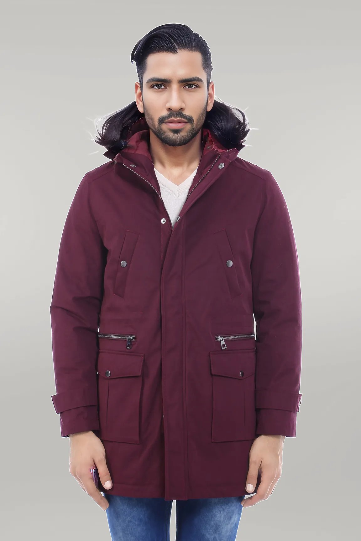 Fur Hooded Burgundy Men Coat