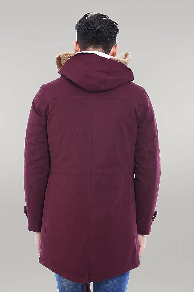 Fur Hooded Burgundy Men Coat