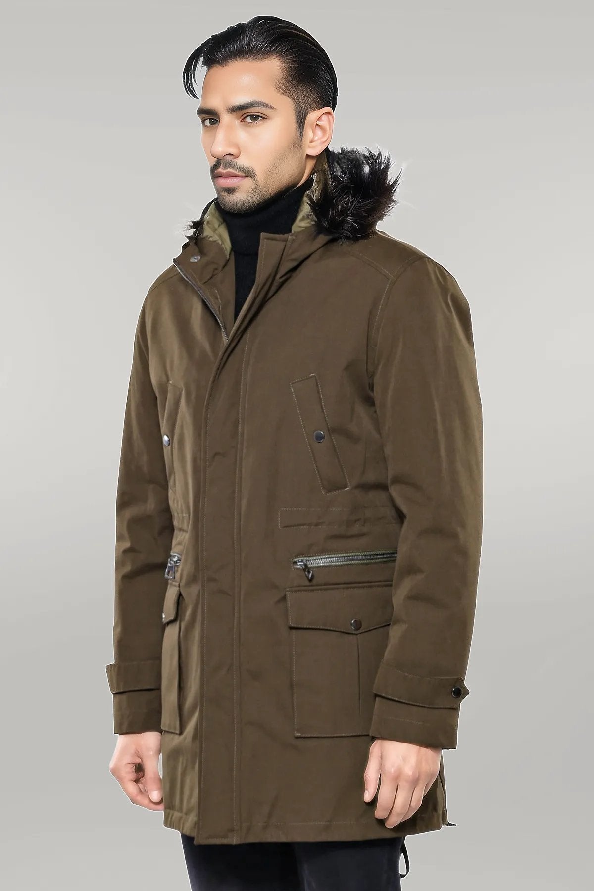 Fur Hooded Parka Khaki Men Coat