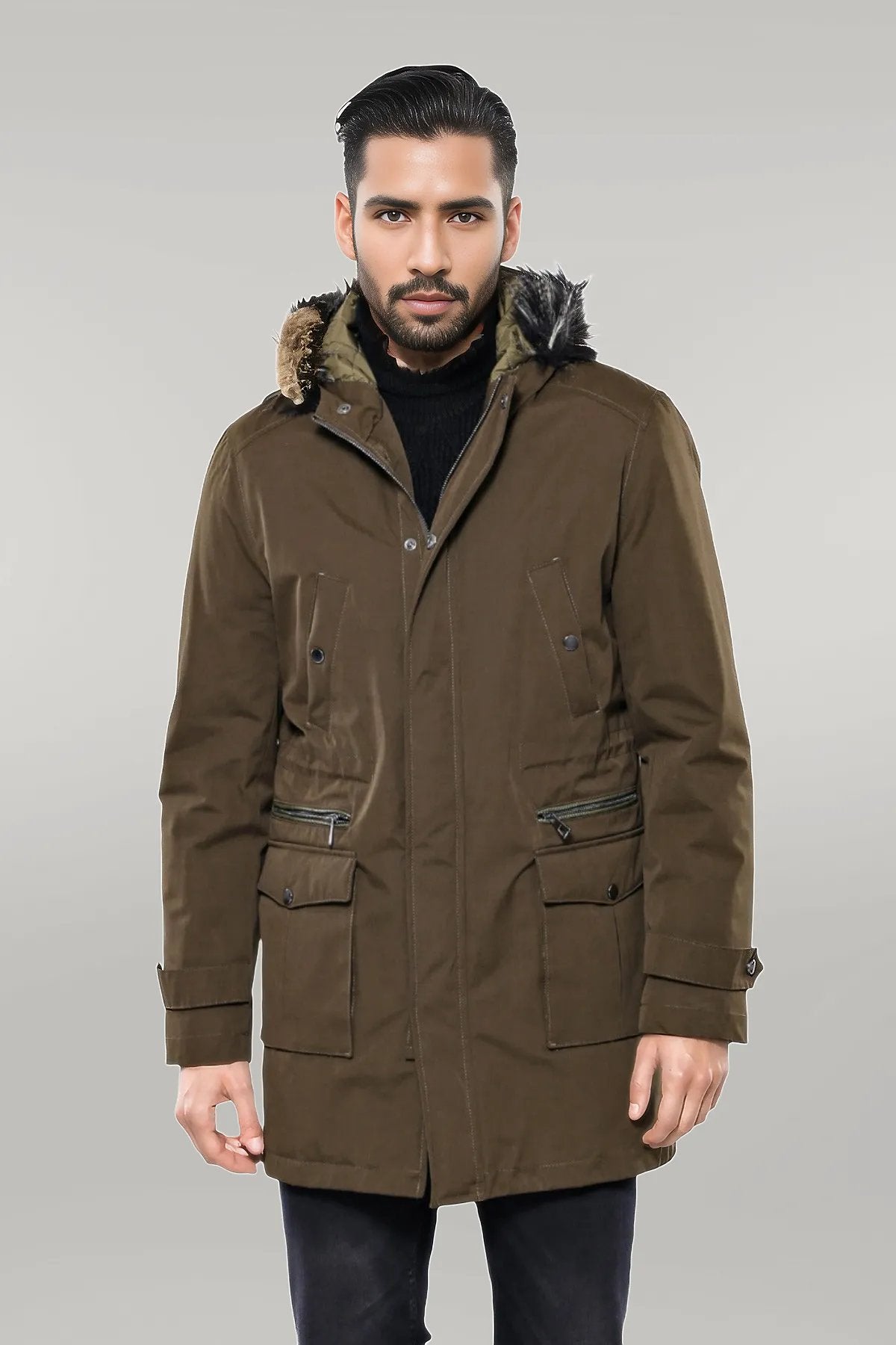 Fur Hooded Parka Khaki Men Coat