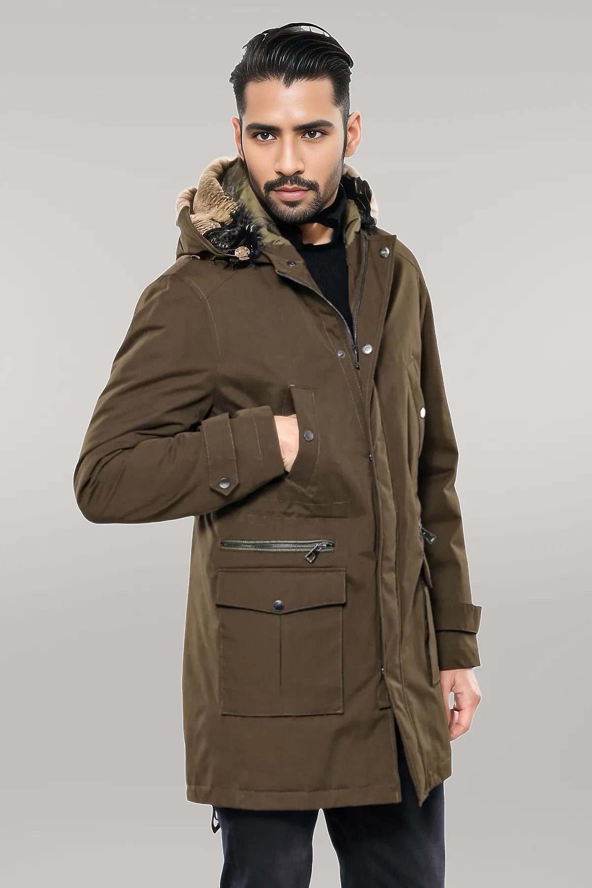 Fur Hooded Parka Khaki Men Coat