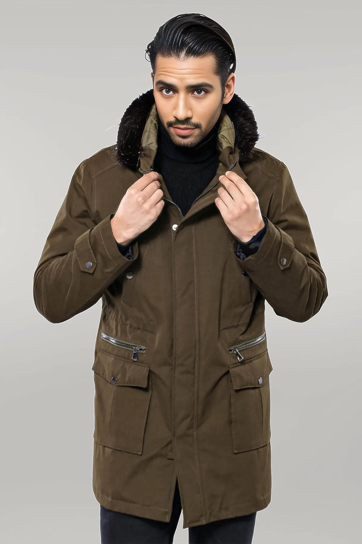 Fur Hooded Parka Khaki Men Coat
