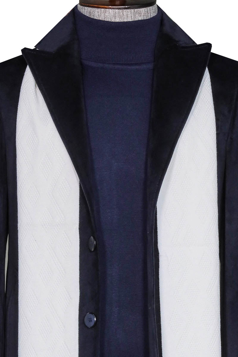 Navy Blue Coat, White Scarf, Turtleneck Knitwear, and Plaid Trousers Look Urban Men’s Winter Fashion