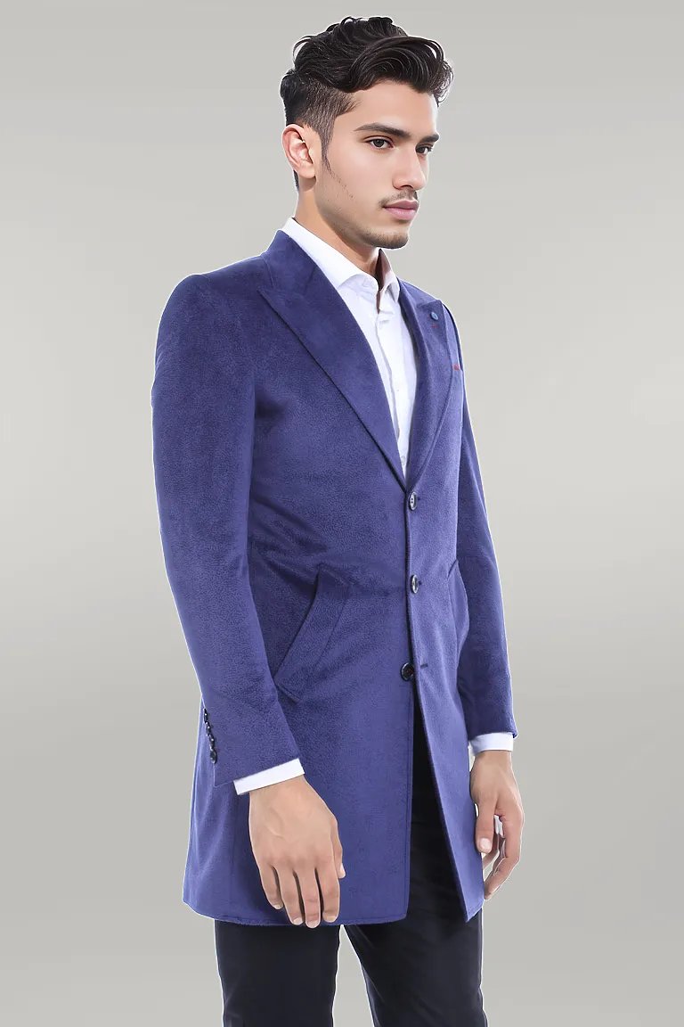 Peak Lapel Blue Men Coat
