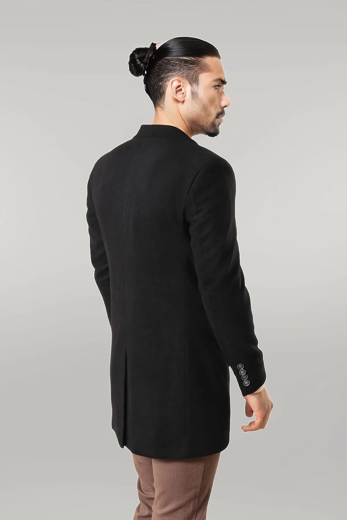 Wide Pointed Collar Over Knee Black Men Coat