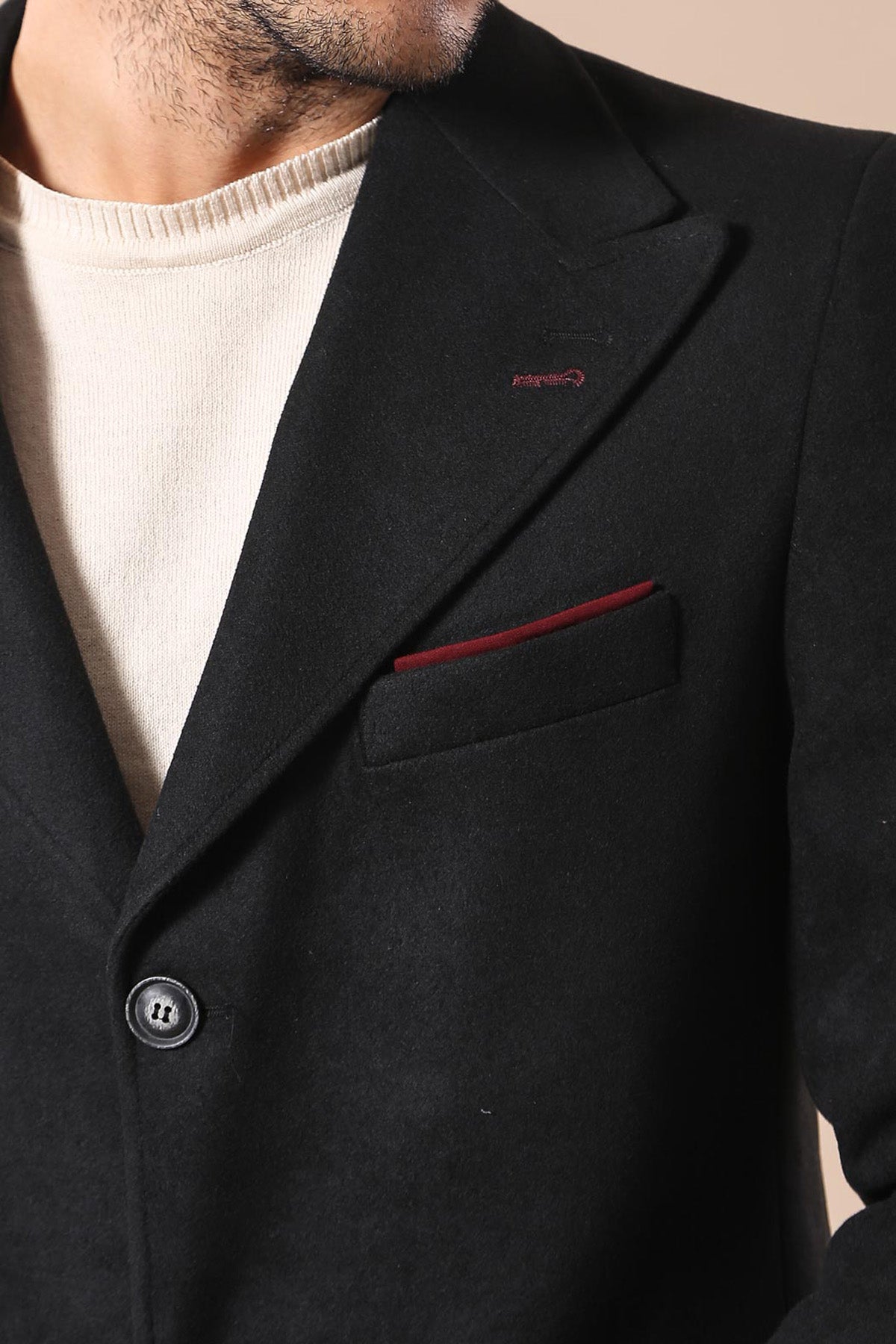 Wide Pointed Collar Over Knee Black Men Coat