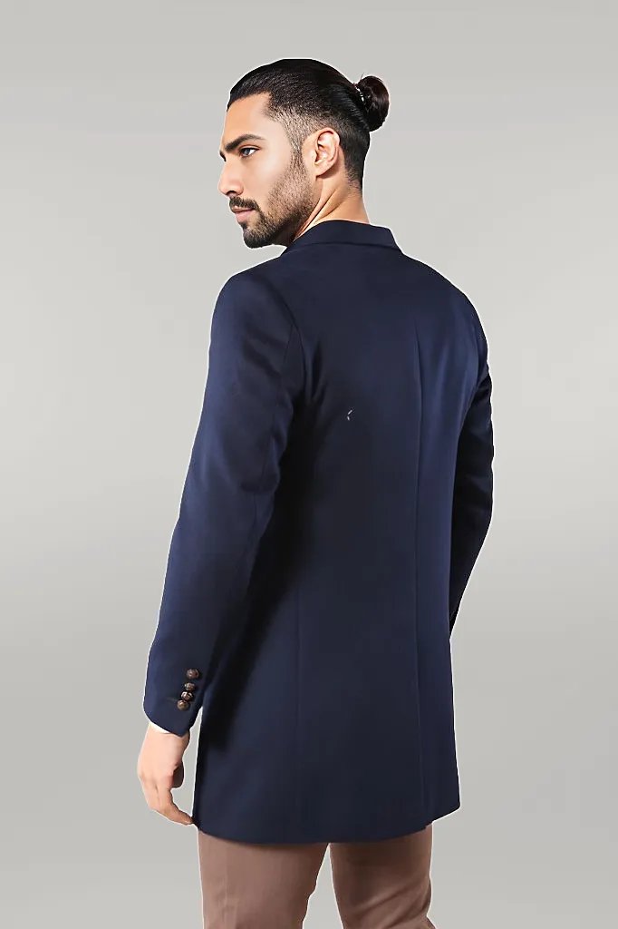 Wide Pointed Collar Over Knee Navy Blue Men Coat