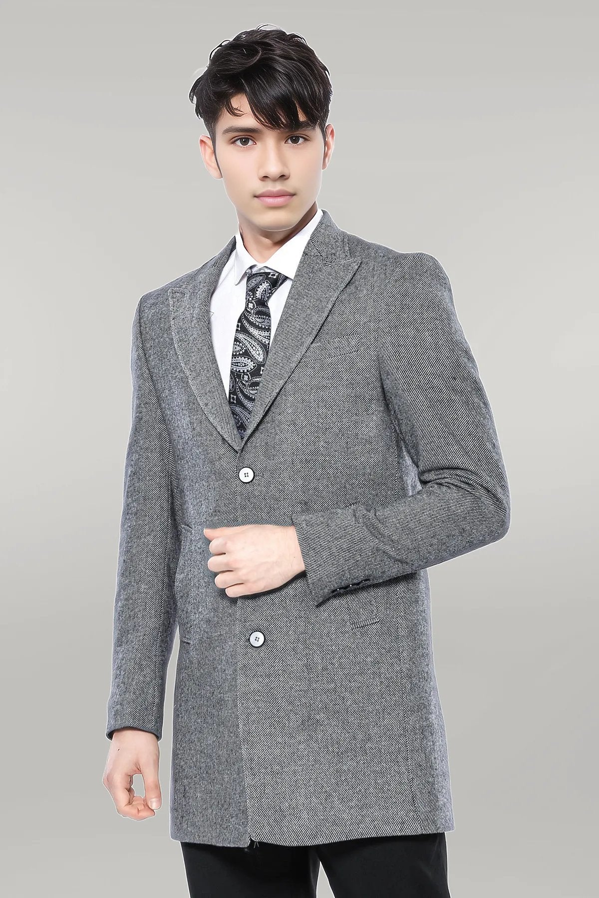Cachet Peak Lapel Grey Men Long Coat