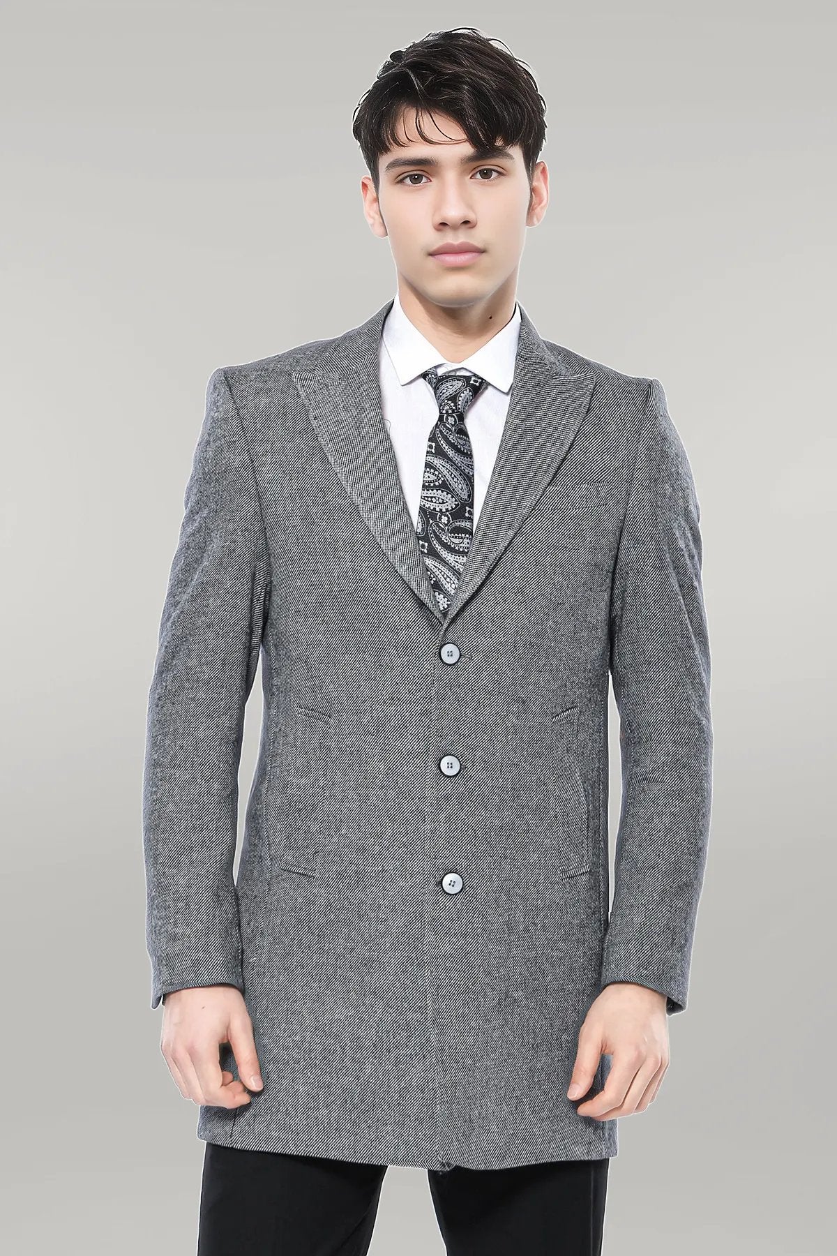 Cachet Peak Lapel Grey Men Long Coat