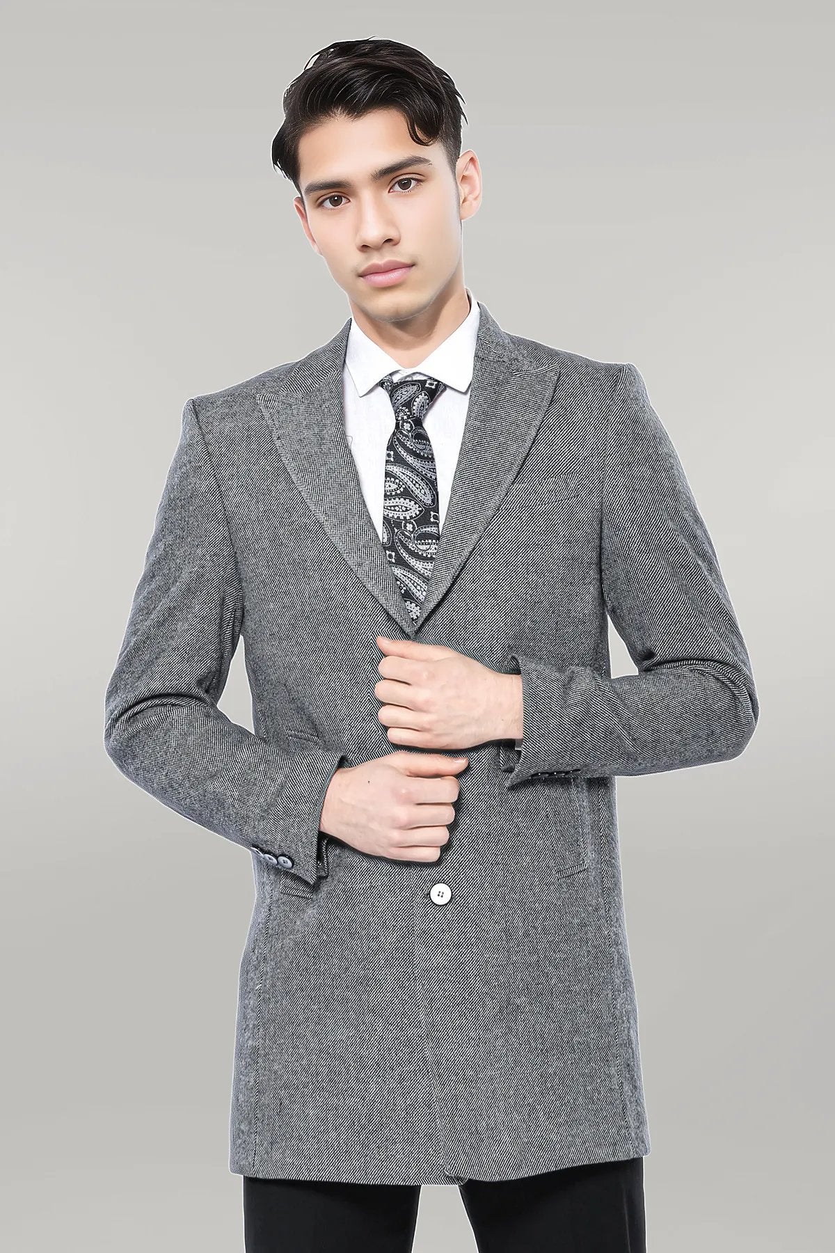 Cachet Peak Lapel Grey Men Long Coat