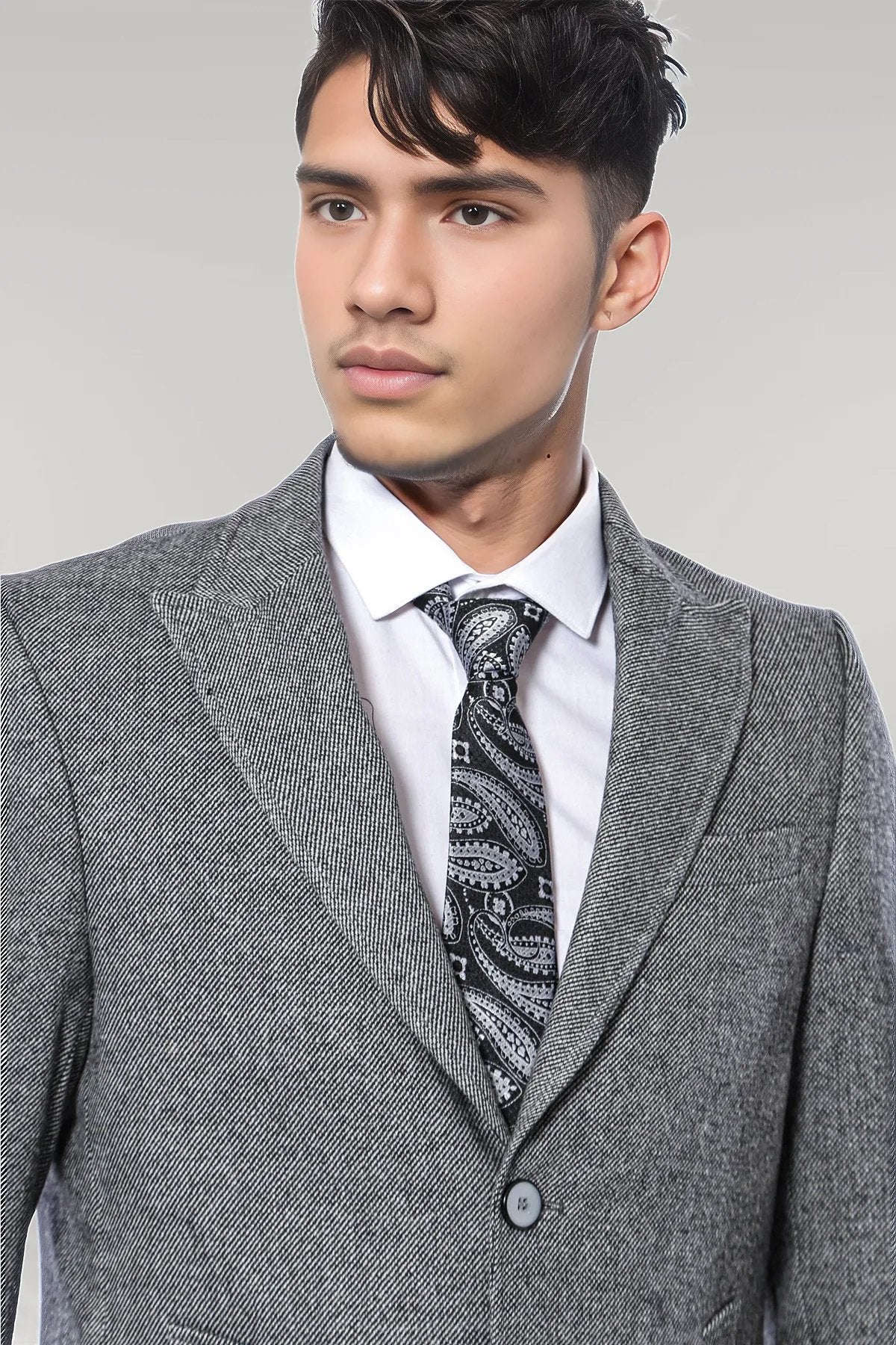 Cachet Peak Lapel Grey Men Long Coat