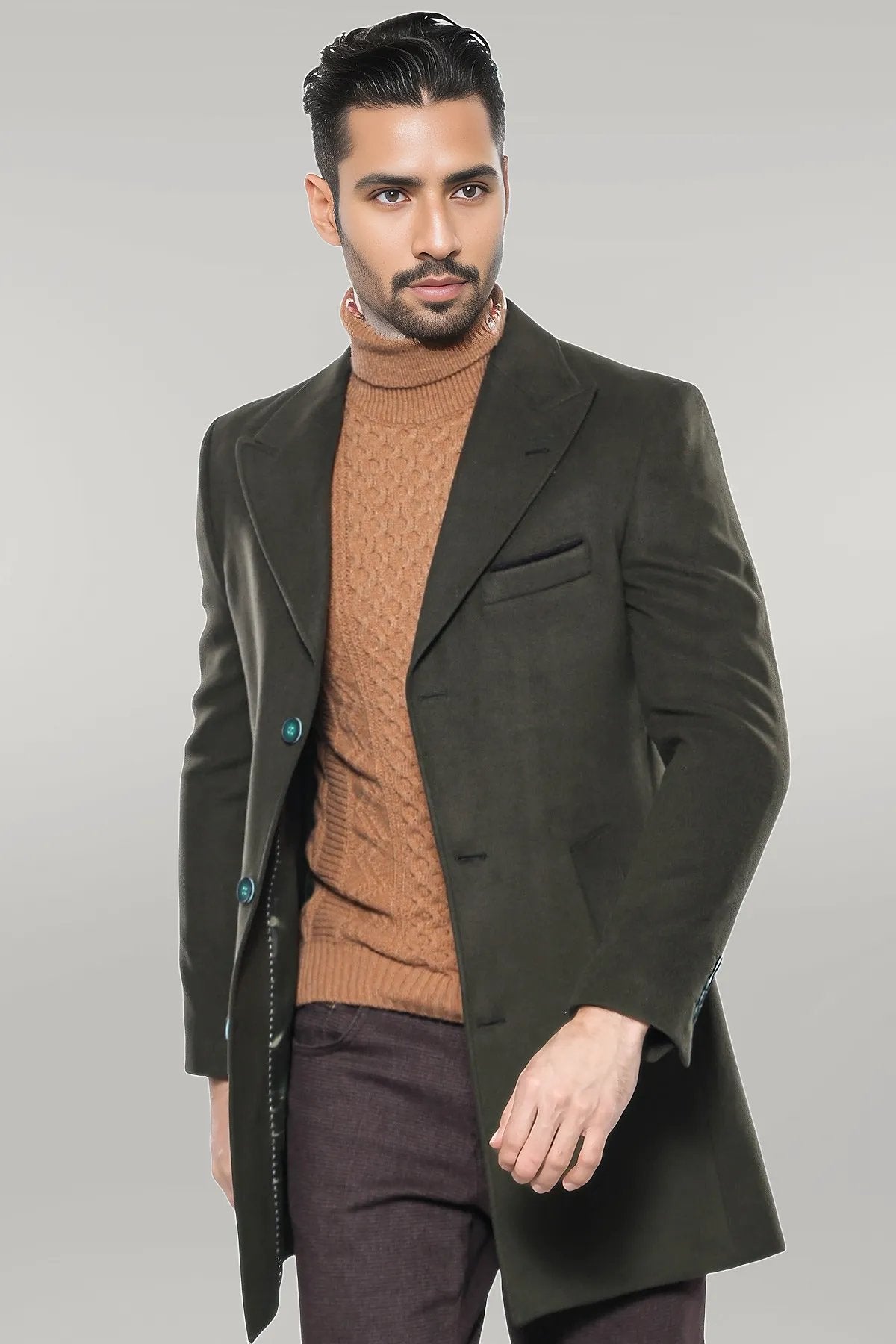 Wide Lapel Green Men Peacoat
