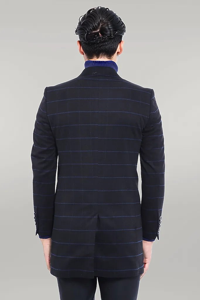 Wide Pointed Collar Black Men Coat