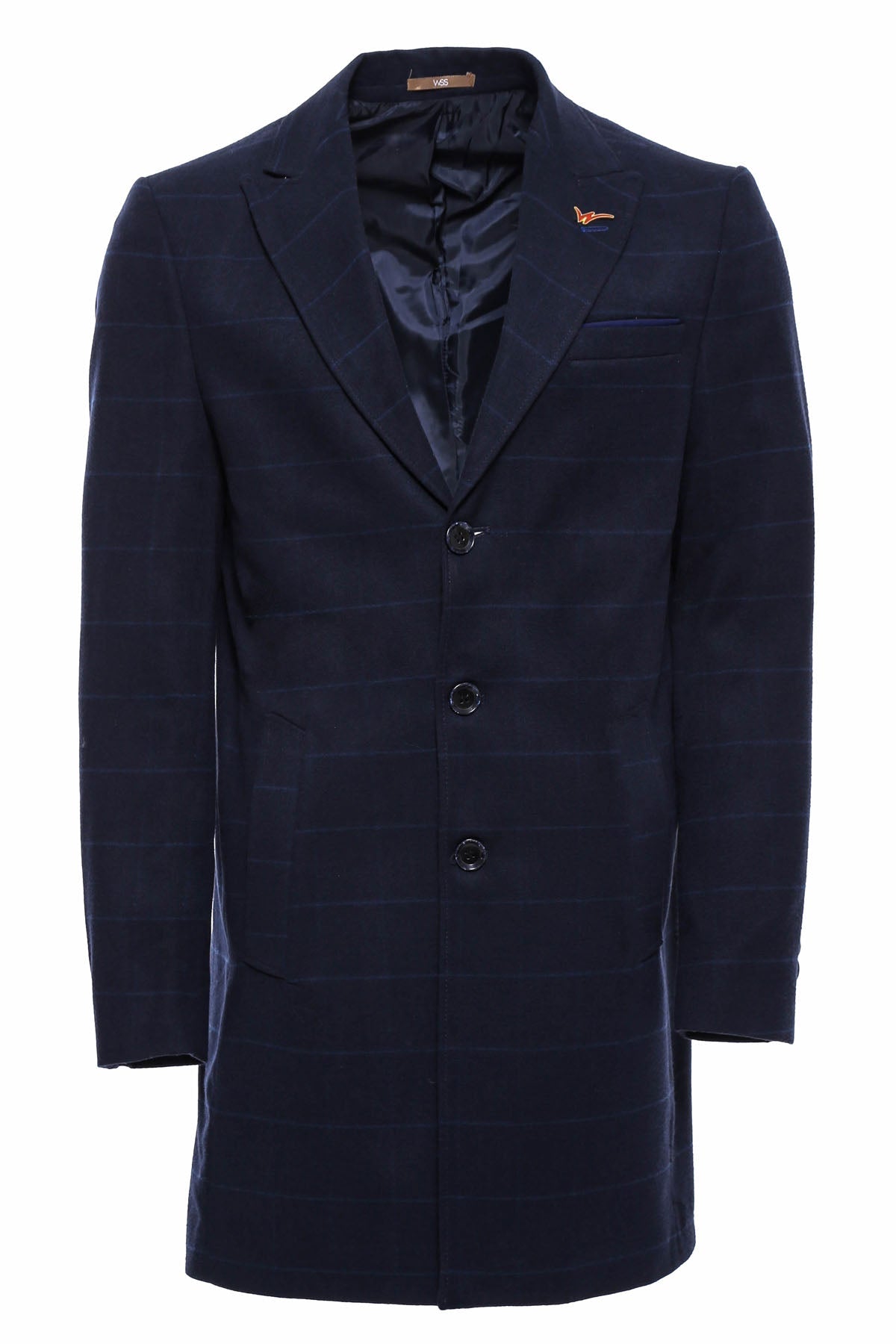 Wide Pointed Collar Navy Blue Plaid Coat