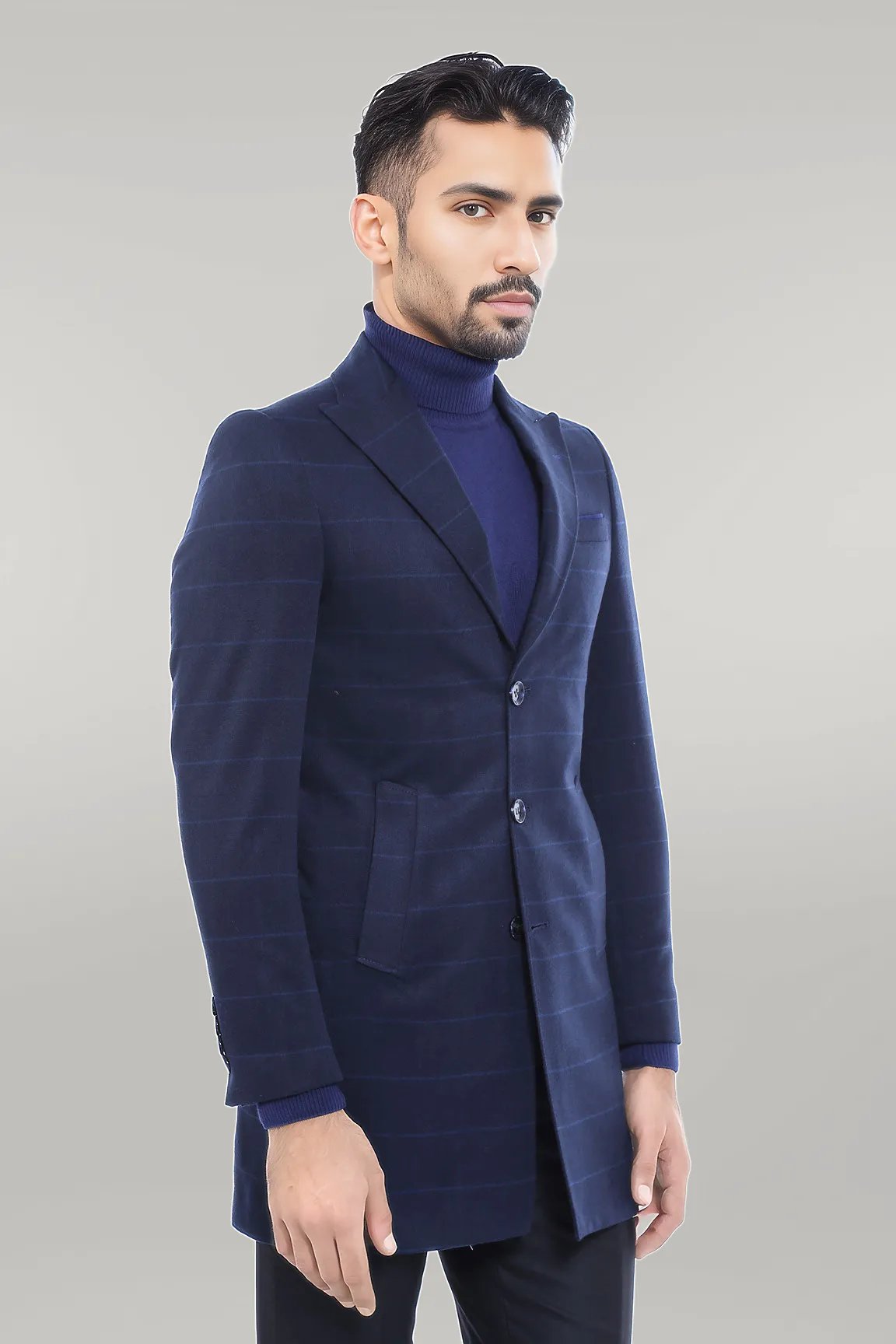 Wide Pointed Collar Navy Blue Plaid Coat