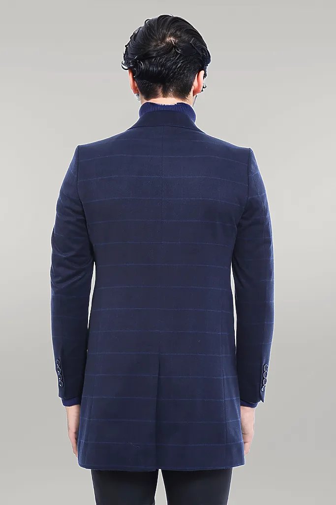 Wide Pointed Collar Navy Blue Plaid Coat