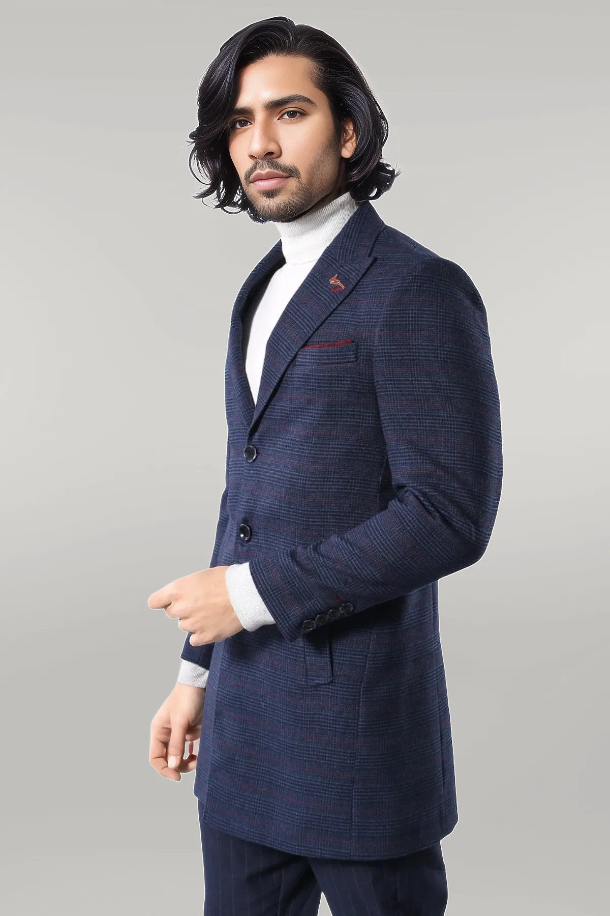 Wide Pointed Collar Blue Men Coat