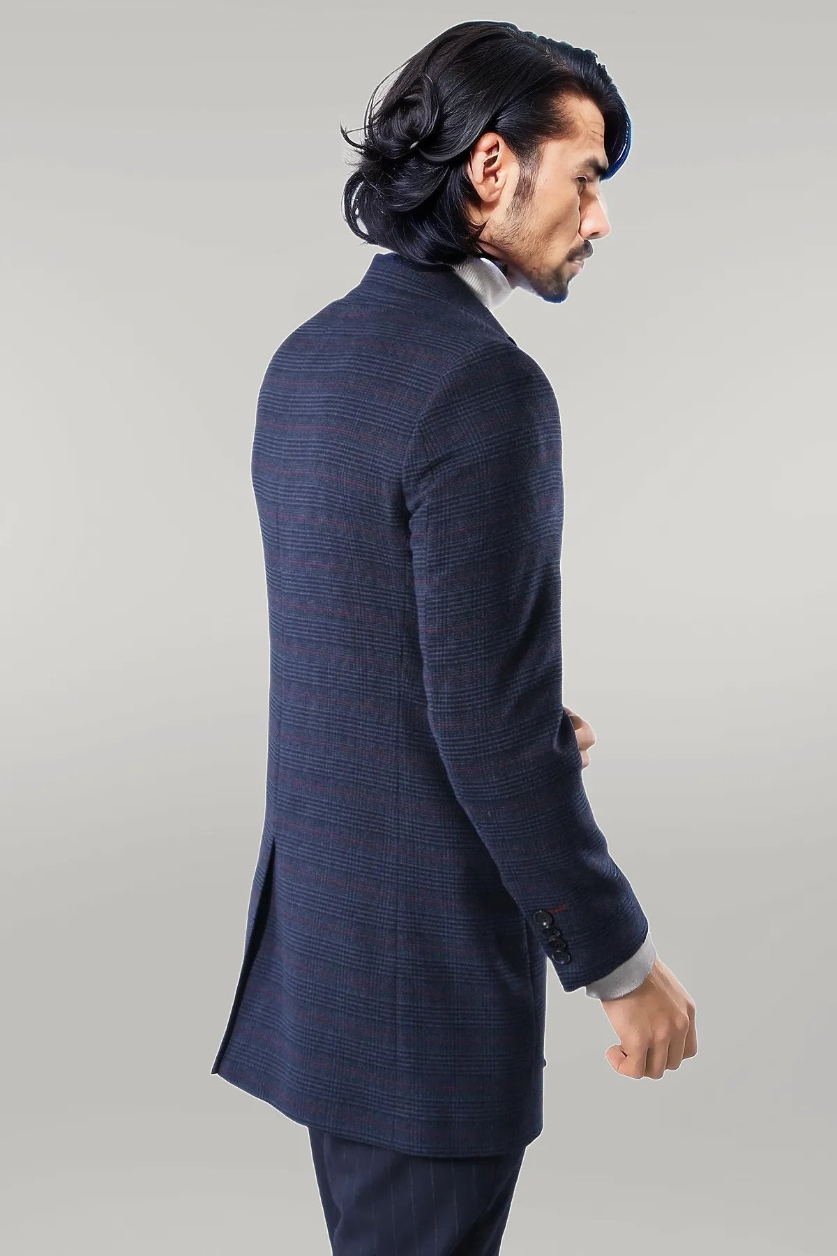 Wide Pointed Collar Blue Men Coat