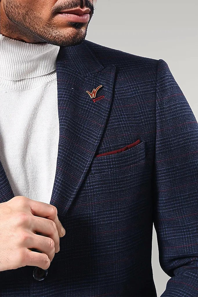 Wide Pointed Collar Blue Men Coat