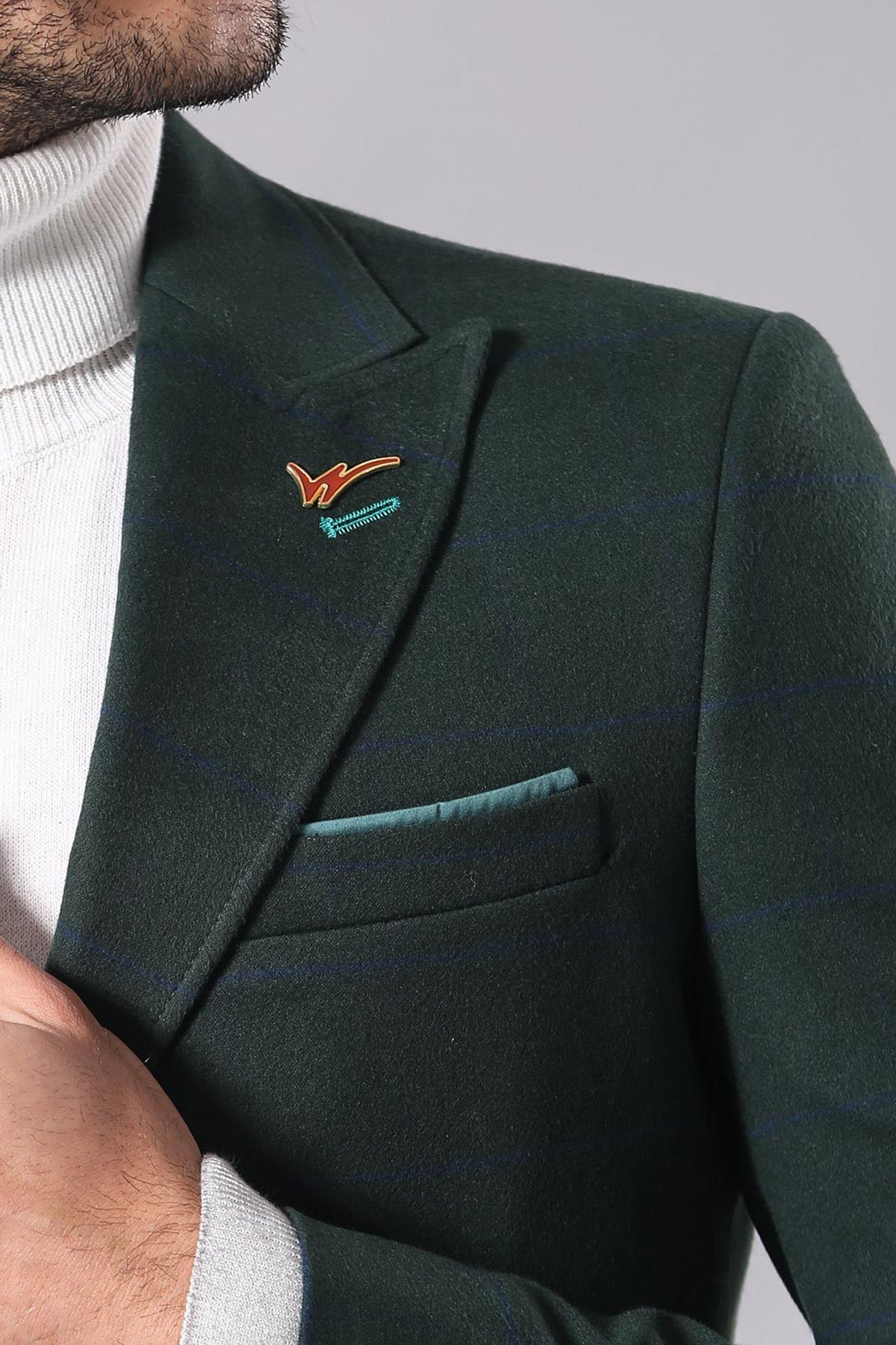 Wide Pointed Collar Green Men Coat