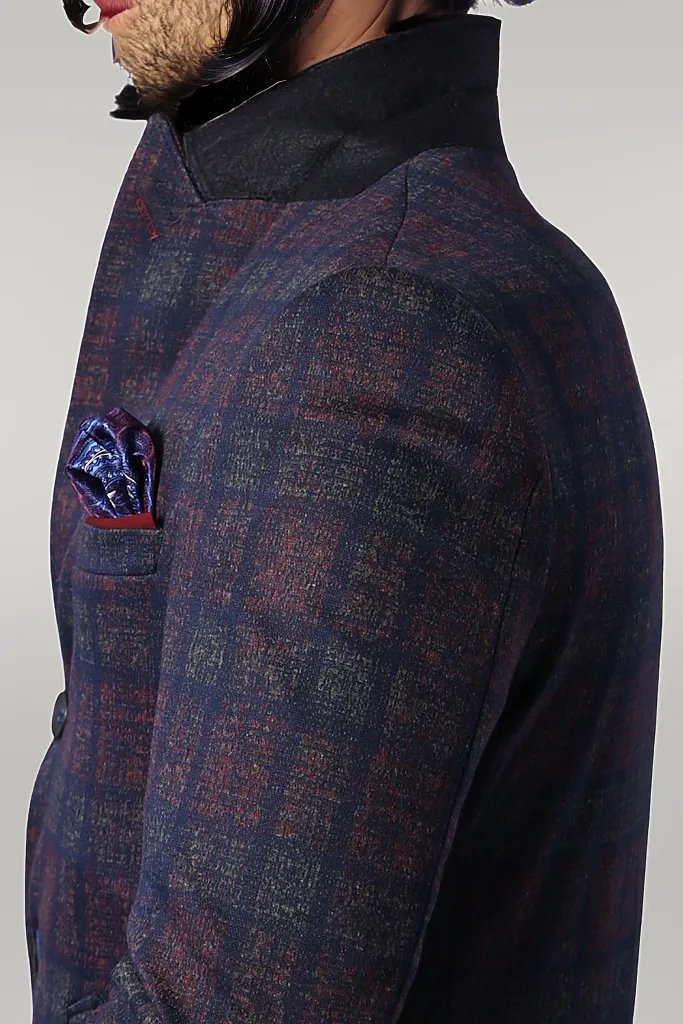 Double-Breasted Plaid Burgundy Men Coat