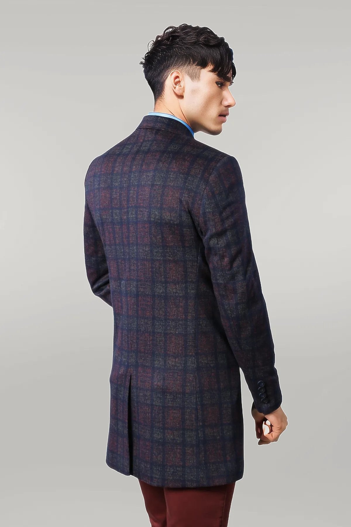 Double-Breasted Plaid Burgundy Men Coat