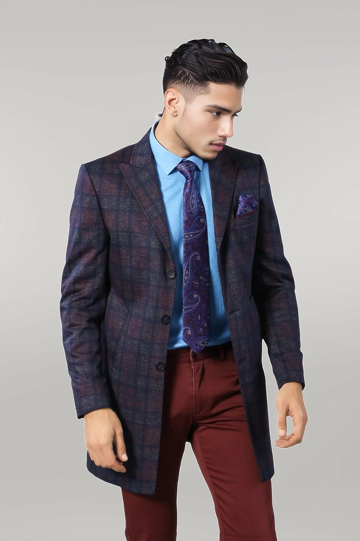 Double-Breasted Plaid Burgundy Men Coat