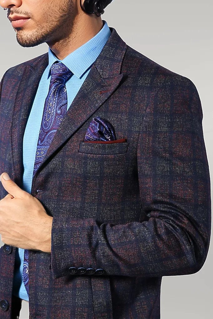 Double-Breasted Plaid Burgundy Men Coat