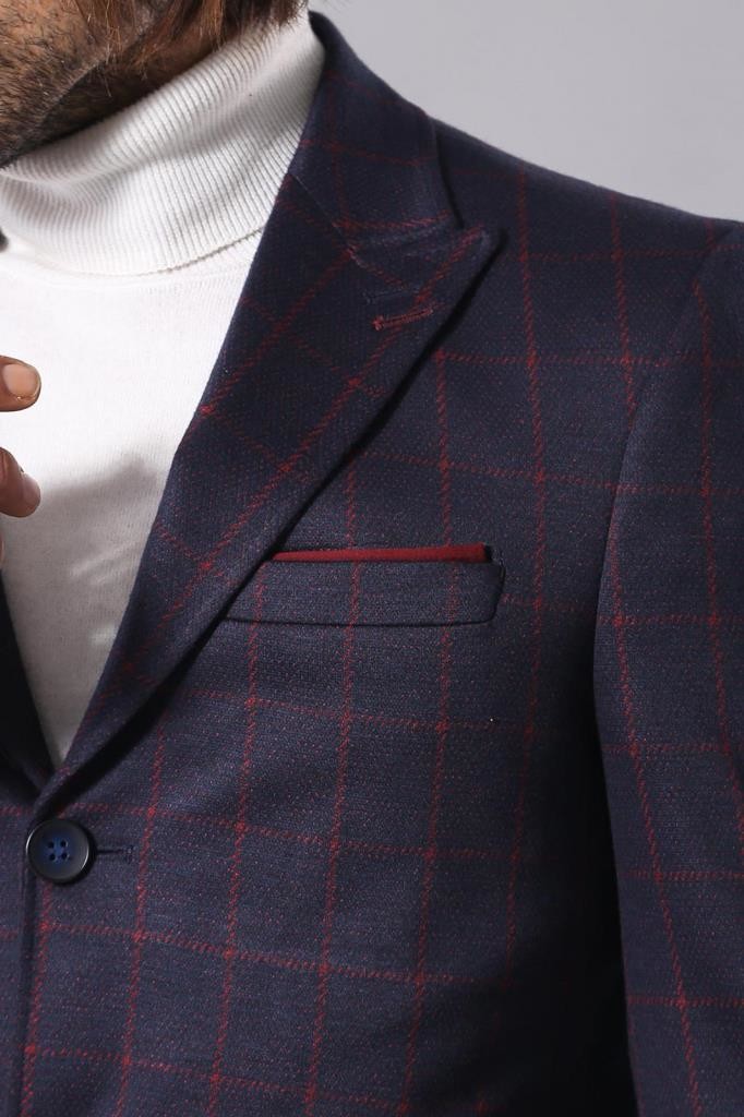 Plaid Navy Blue Men Coat