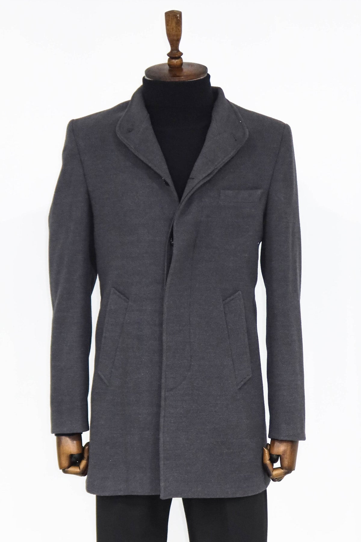 Mandarin Collar Grey Men's Long Men's Coat