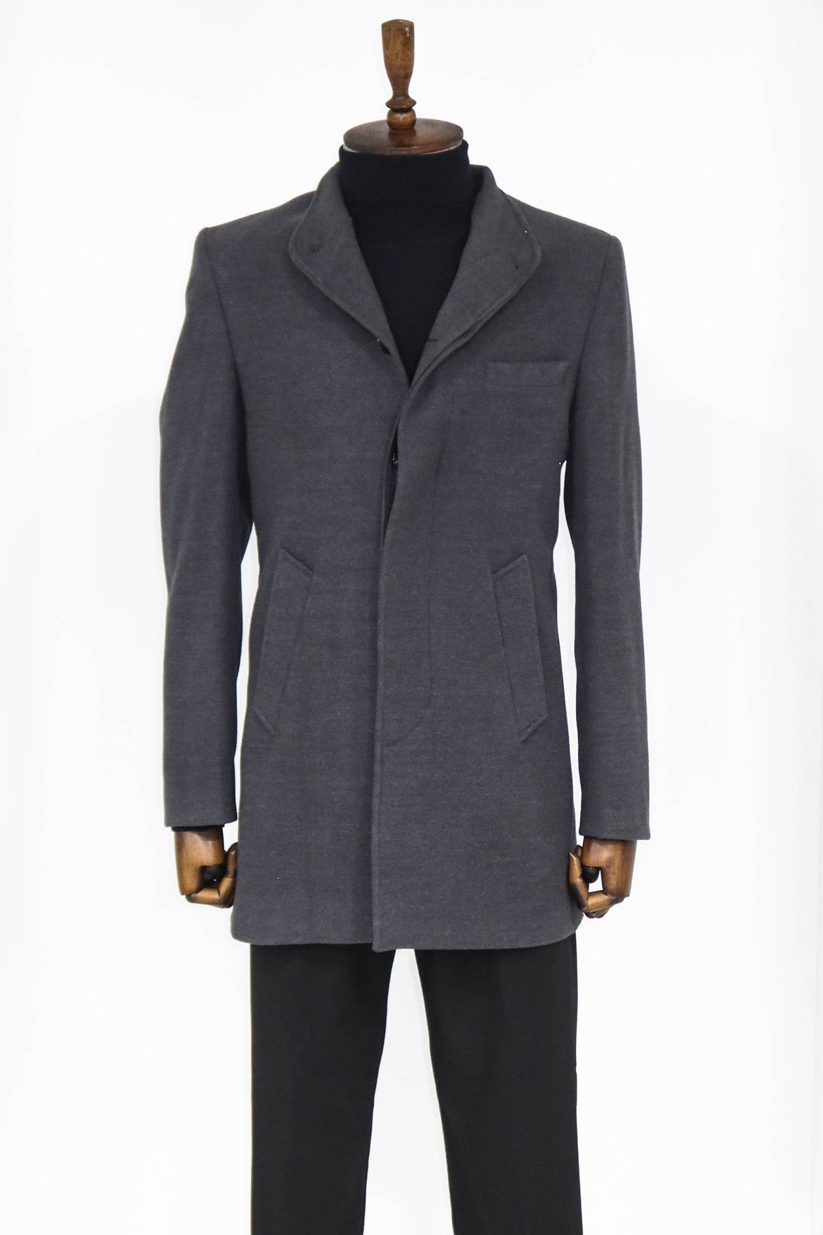 Mandarin Collar Grey Men's Long Men's Coat