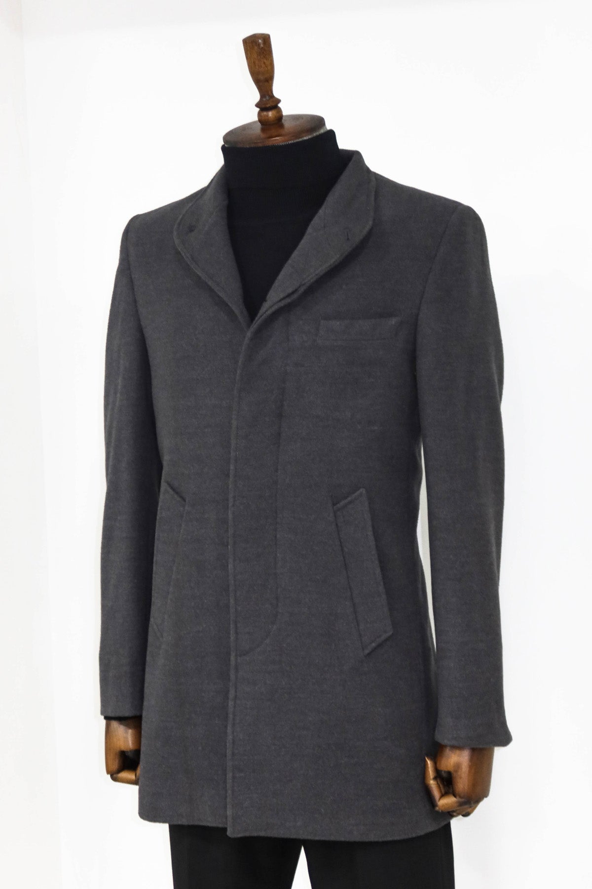 Mandarin Collar Grey Men's Long Men's Coat